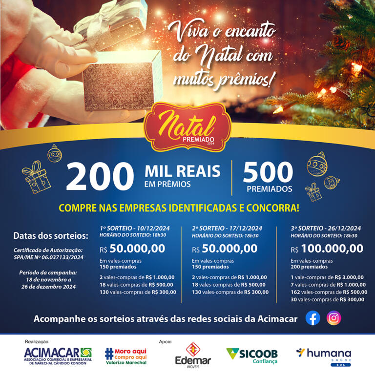 Campanha Natal Premiado da Acimacar inicia nesta segunda-feira