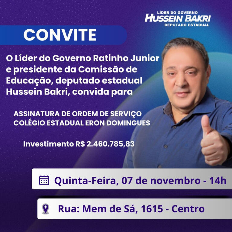 Deputado Hussein Bakri anuncia recursos para o Colégio Estadual Eron Domingues na tarde desta quinta-feira