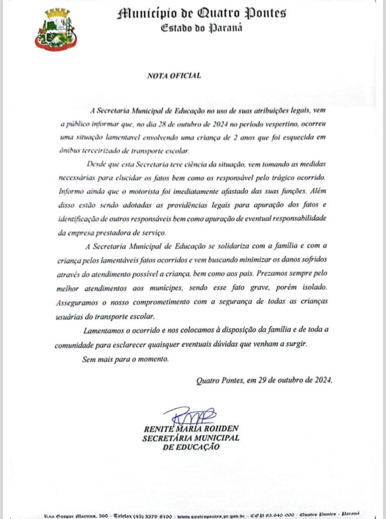 Prefeitura de Quatro Pontes divulga nota sobre caso da criança esquecida em ônibus escolar
