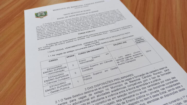 Abertas inscrições ao teste seletivo para contratar estagiários de Ensino Superior em Marechal Rondon