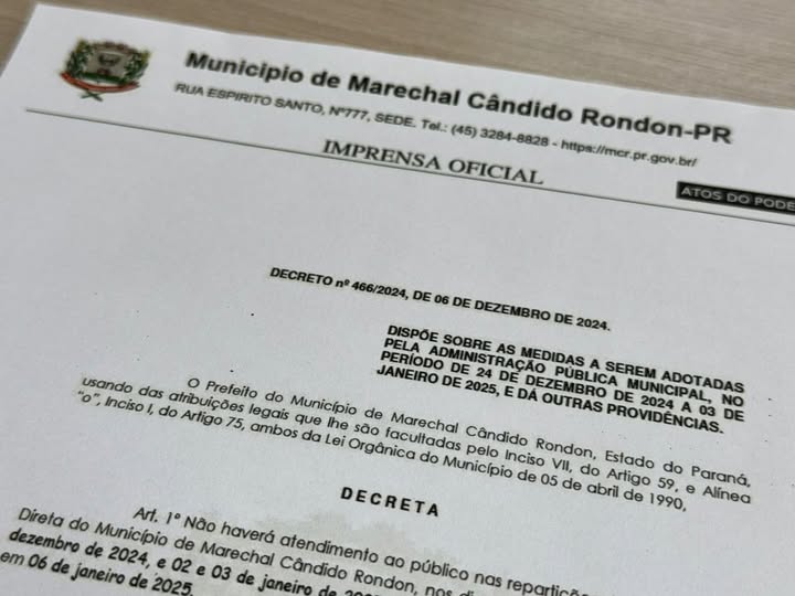 Definidos os horários de funcionamento das repartições públicas rondonenses neste fim de ano e início de 2025