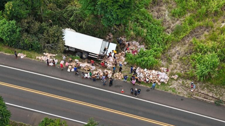 Carga de congelados é saqueada após carreta tombar na BR-277