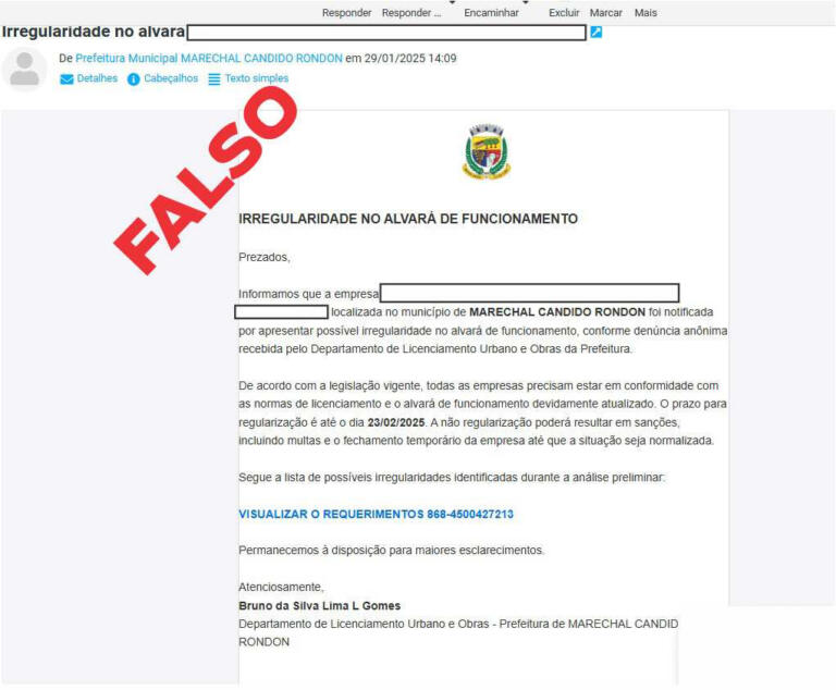 Prefeitura de Marechal Rondon alerta sobre falso e-mail relacionado à irregularidade no “Alvará de Funcionamento”