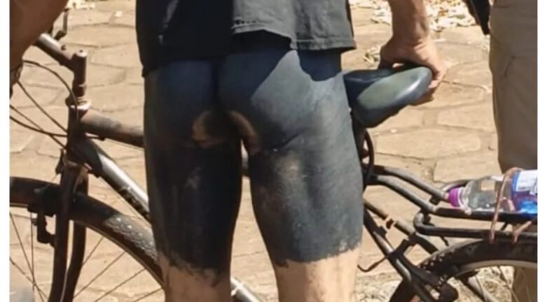 Ciclista peladão “pinta” shorts no corpo para disfarçar e acaba detido na região
