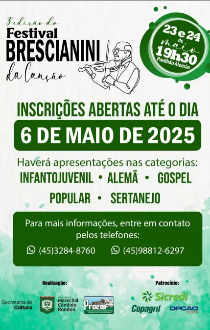 Inscrições para o 3º Festival Brescianini da Canção seguem abertas até esta terça-feira