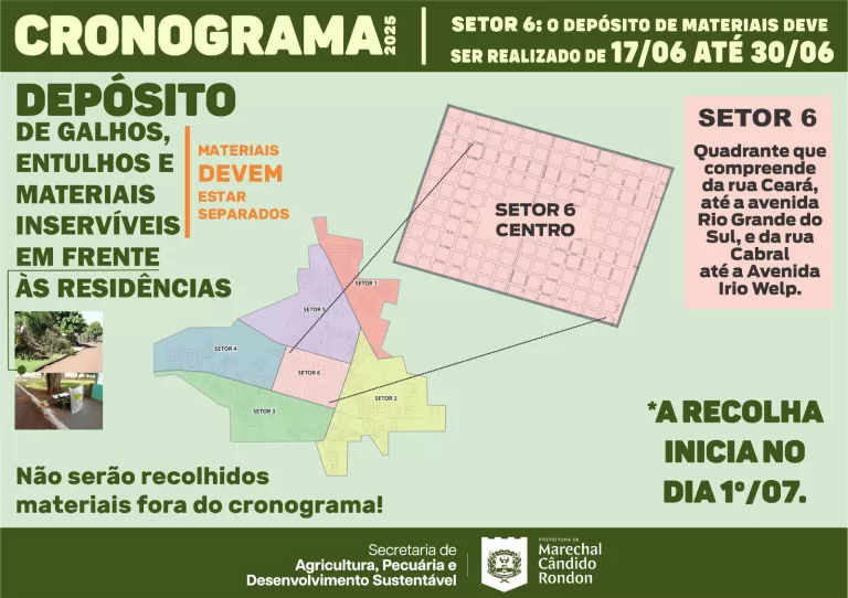 Cronograma de recolha de galhos e entulhos chega ao centro de Marechal Rondon