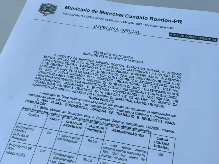 Abertas inscrições de teste seletivo para contratação de estagiários à prefeitura rondonense