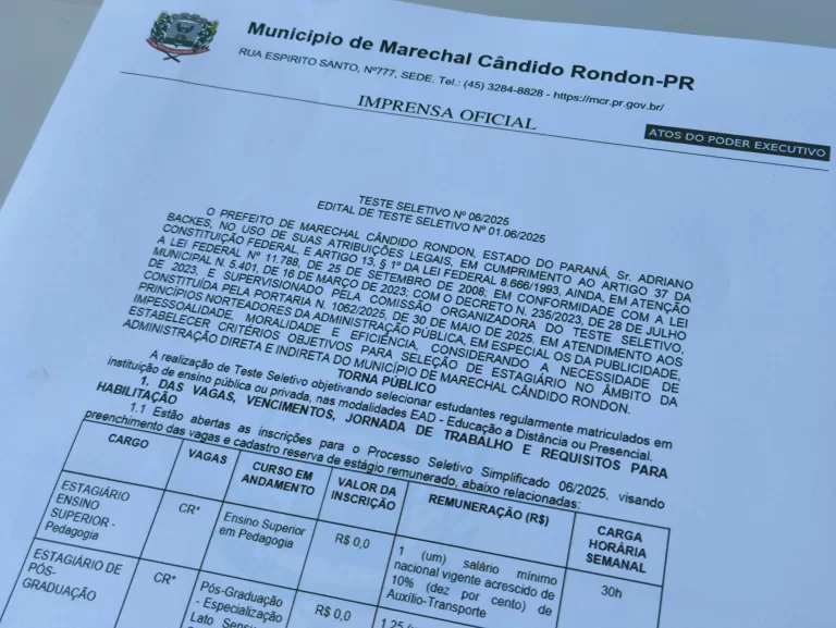 Abertas inscrições de teste seletivo para contratação de estagiários para a prefeitura rondonense