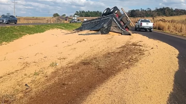 Semirreboque de carreta tomba e espalha farelo de soja na BR-163