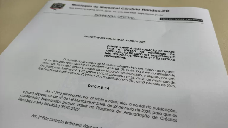 Marechal Rondon prorroga prazo para adesão ao Refis 2025 até 30 de agosto