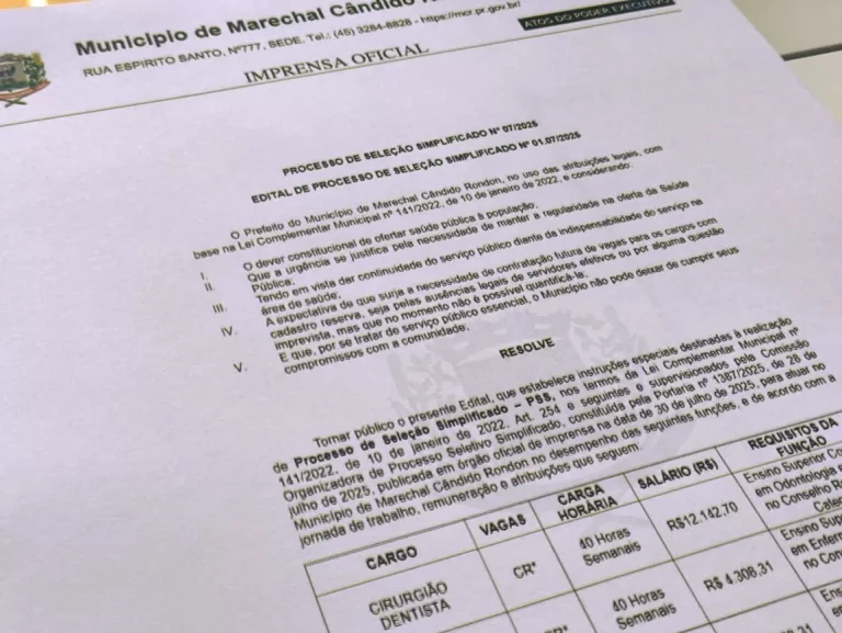 Prefeitura de Marechal Rondon abre Processo Seletivo Simplificado na Saúde