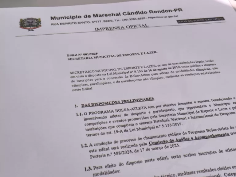 Abertas inscrições ao Programa Bolsa-Atleta 2025 em Marechal Rondon