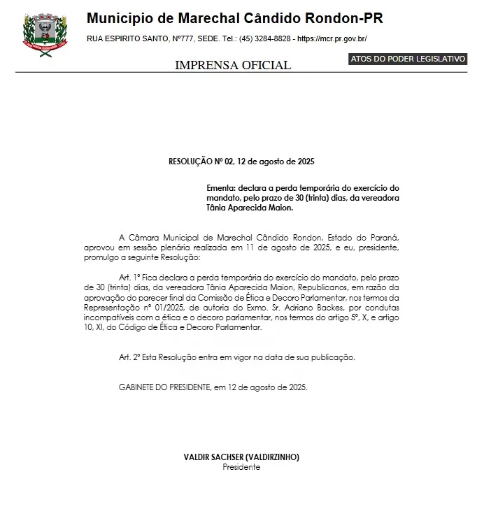 Resolução que suspende mandato de vereadora por 30 dias é publicada no Diário Oficial