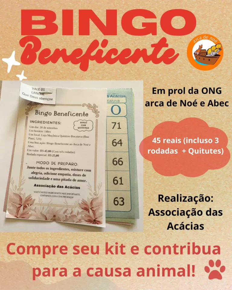 Associação das Acácias promove bingo beneficente em prol da ONG Arca de Noé e Abec