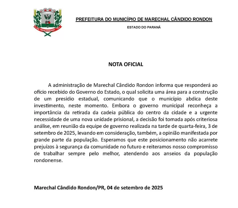 Prefeitura de Marechal Rondon recusa área para construção de presídio; veja nota