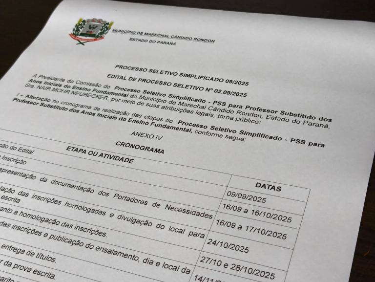 Prefeitura rondonense divulga alteração no cronograma do PSS para professores e abre inscrições para estagiários