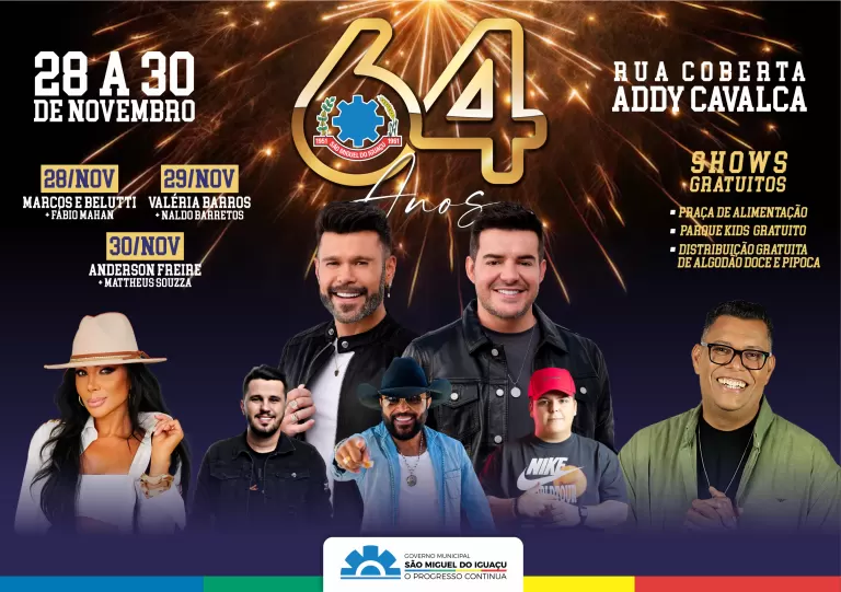 Festa de aniversário de São Miguel do Iguaçu terá shows gratuitos de Marcos & Belutti, Valéria Barros e Anderson Freire