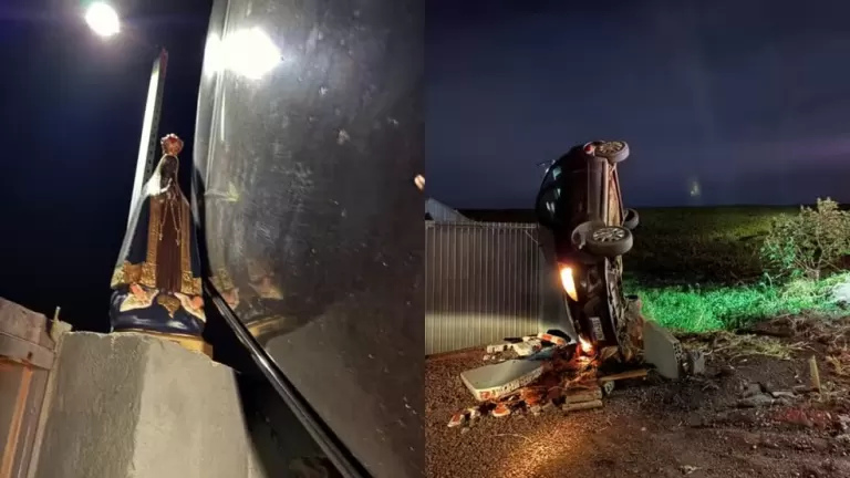 Carro capota, para aos pés de imagem de Nossa Senhora, e motorista escapa ilesa