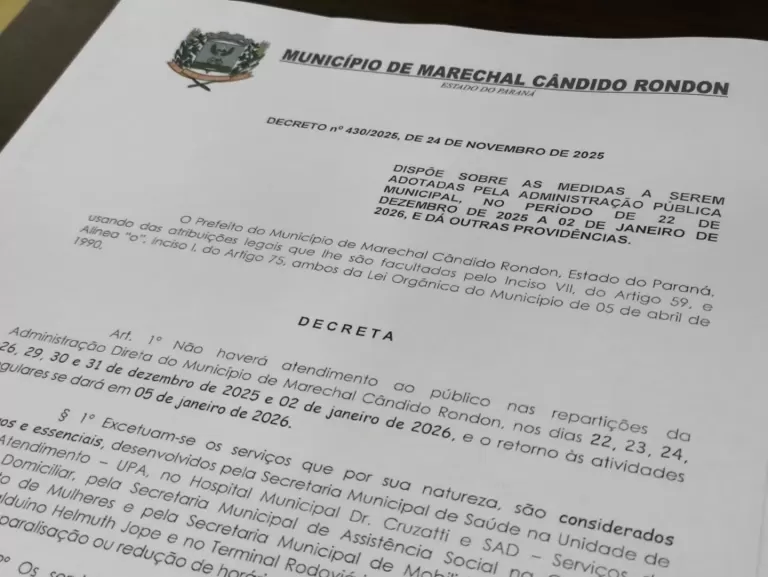 Definidos os horários de funcionamento das repartições públicas municipais rondonenses neste final de ano e início de 2026