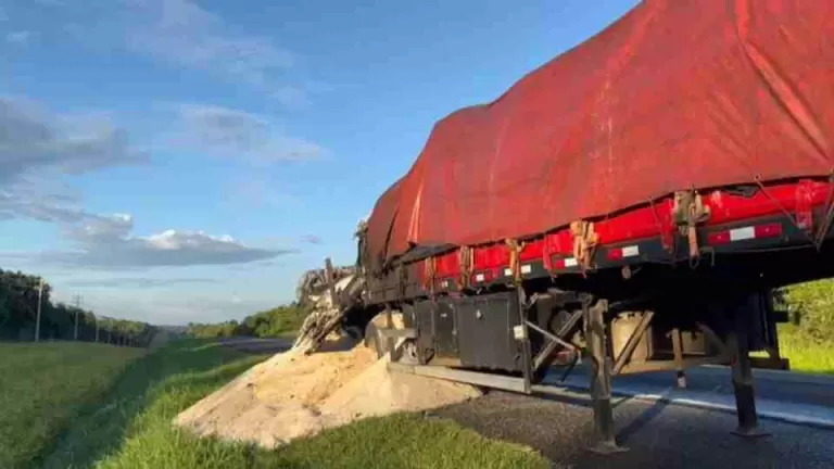 Caminhão carregado com arroz pega fogo na BR-277 após superaquecimento da lona de freio