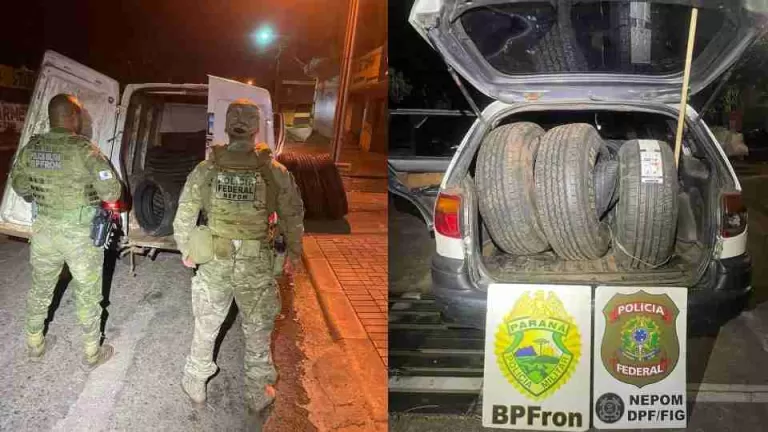 Ação conjunta apreende cerca de 60 pneus contrabandeados e quatro pessoas são detidas