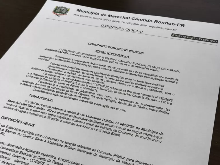 Abertas as inscrições para Concurso Público na prefeitura de Marechal Rondon