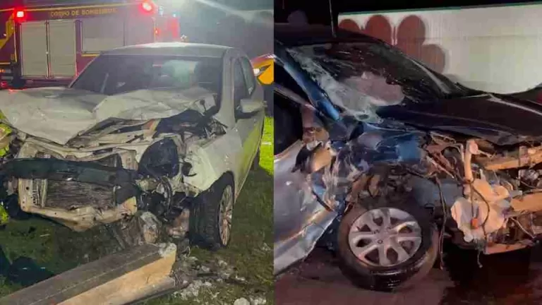 Batida frontal entre carros deixa cinco feridos e derruba poste na BR-277